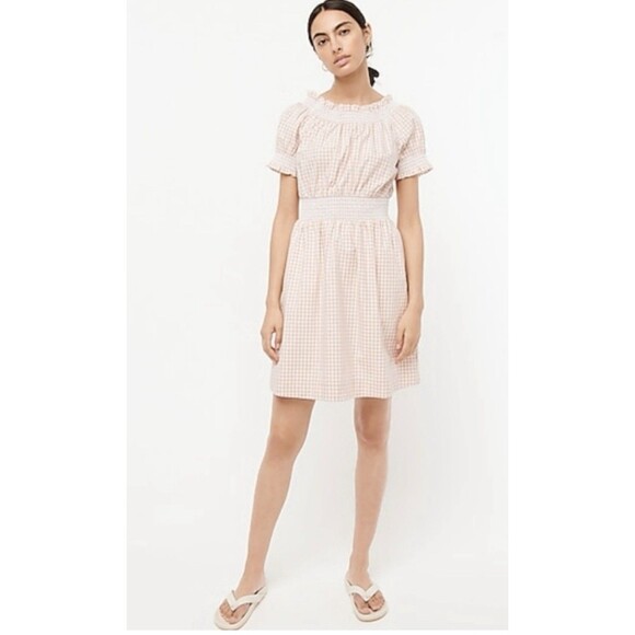 J.CREW Dresses & Skirts - J.Crew Smocked 100% Cotton Puff-Sleeve Lined Poplin Dress Tan White Gingham Sz M